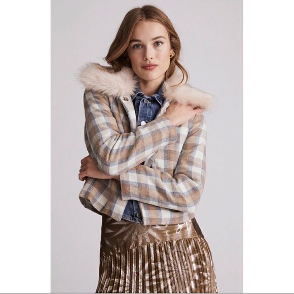 NEW Anthropologie Vegan Unreal Fur Plaid Tiger Kiss Faux Fur-Trim Jacket Medium - Picture 1 of 3